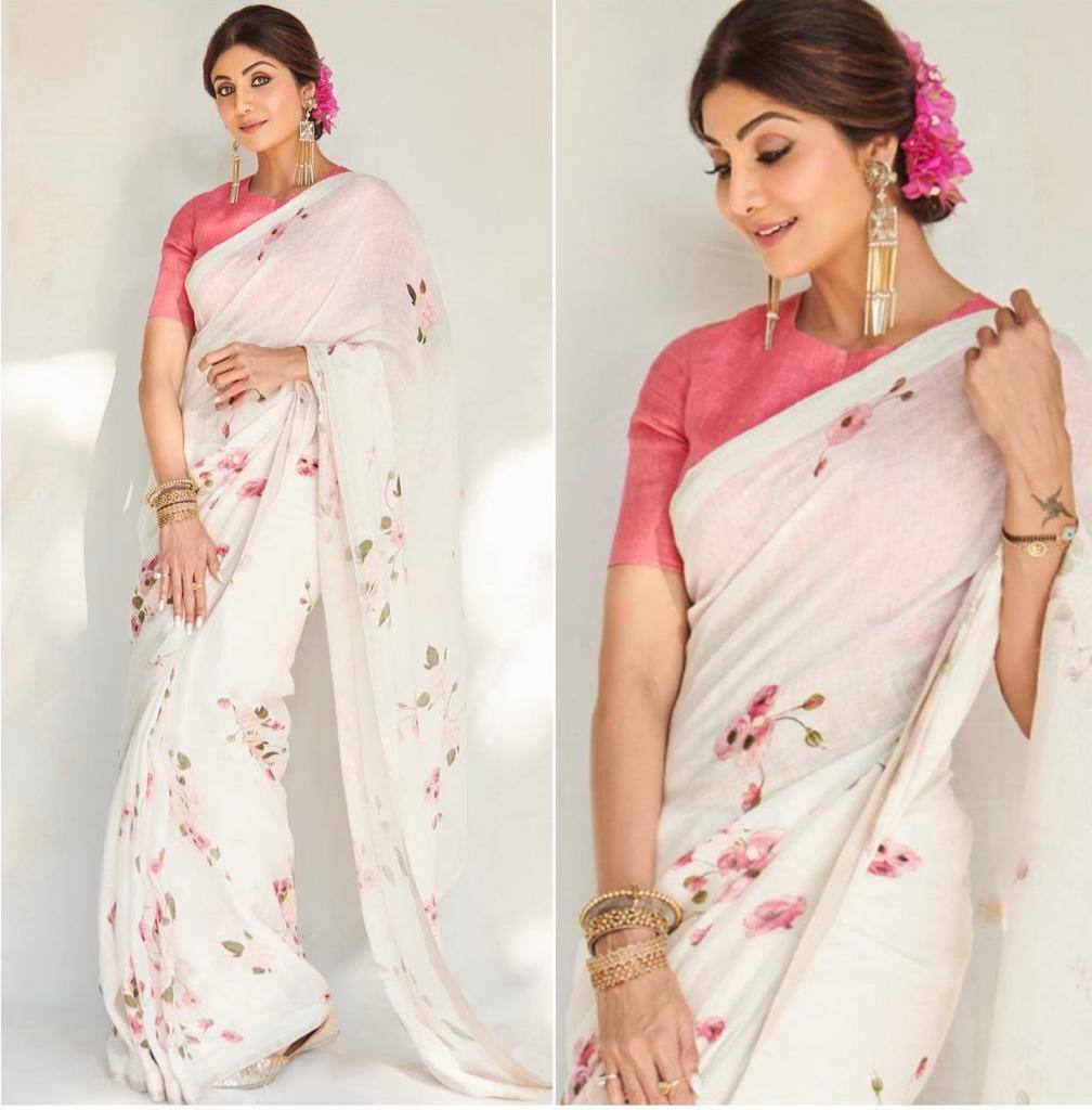 Plain Linen sarees with digital print blouse.