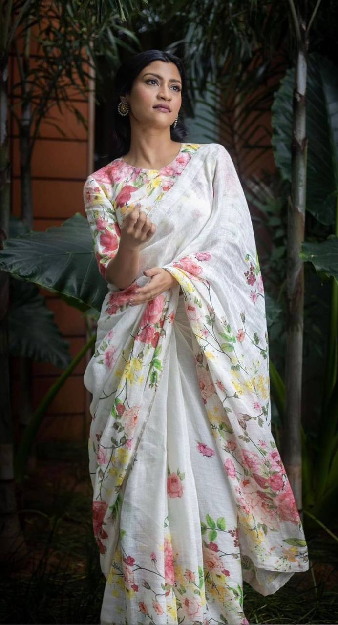 Plain Linen sarees with digital print blouse.