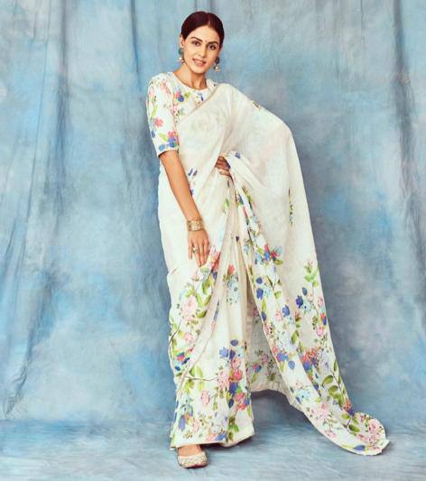 Plain Linen sarees with digital print blouse.