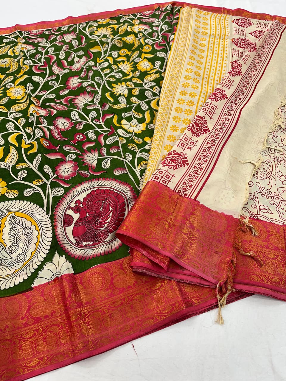 Mangalagiri Pattu Big Kanchi Border Kalamkari Printing Sarees