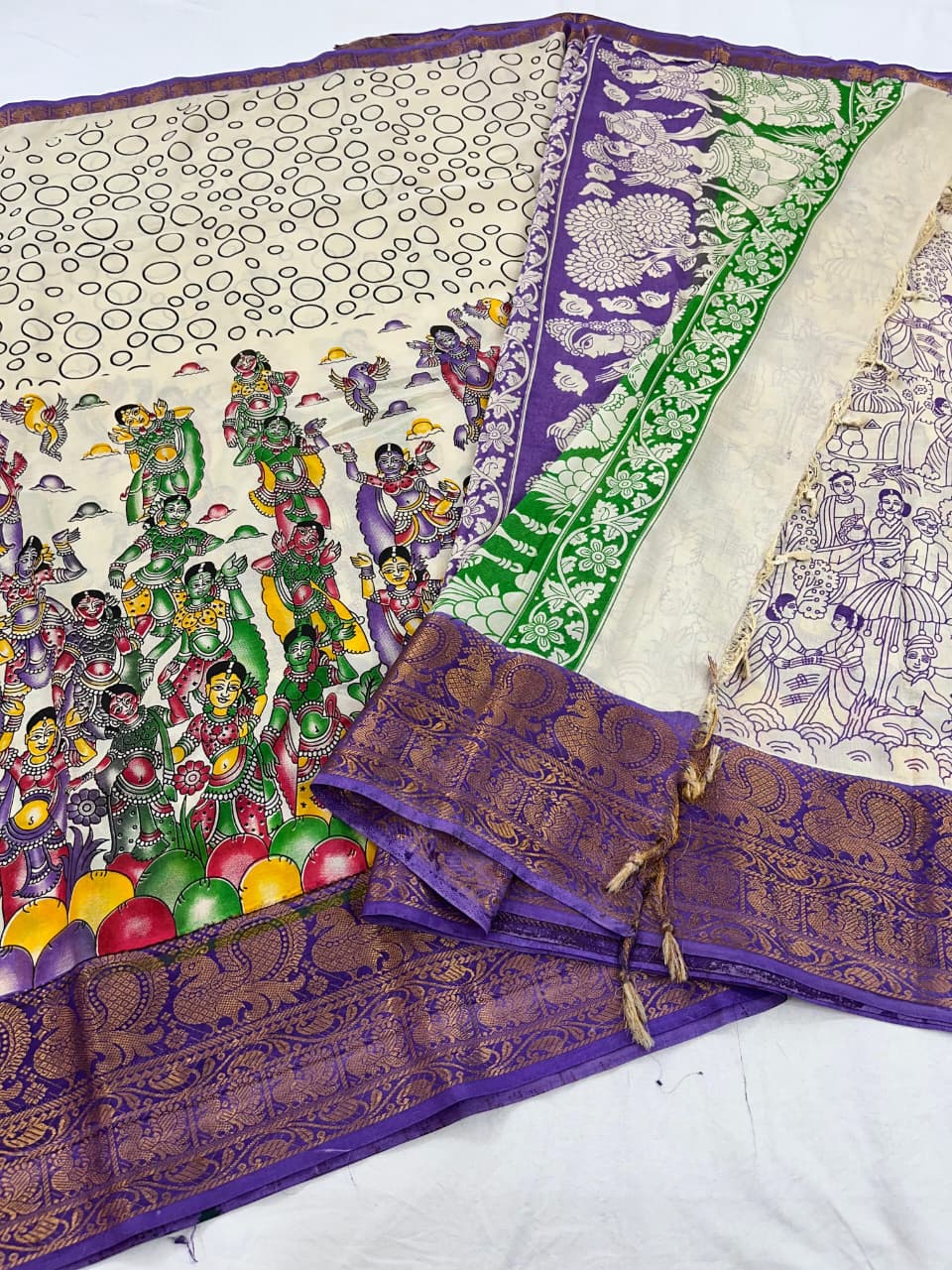 Mangalagiri Pattu Big Kanchi Border Kalamkari Printing Sarees