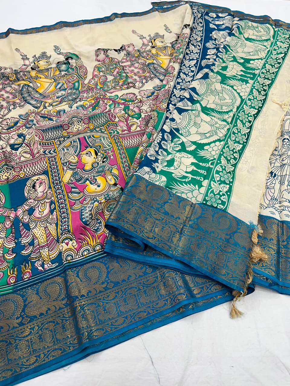 Mangalagiri Pattu Big Kanchi Border Kalamkari Printing Sarees