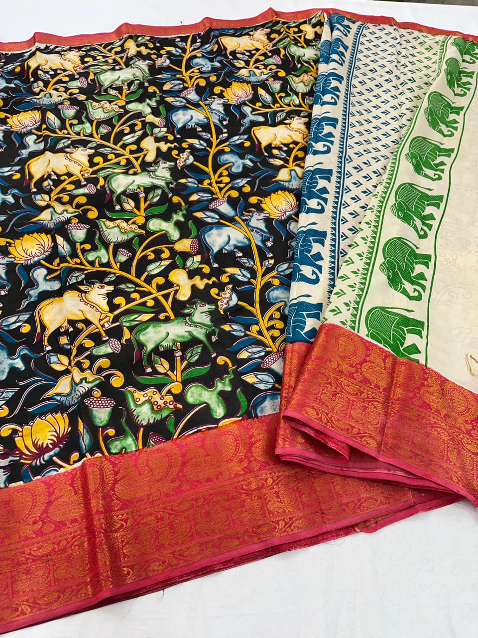 Mangalagiri Pattu Big Kanchi Border Kalamkari Printing Sarees