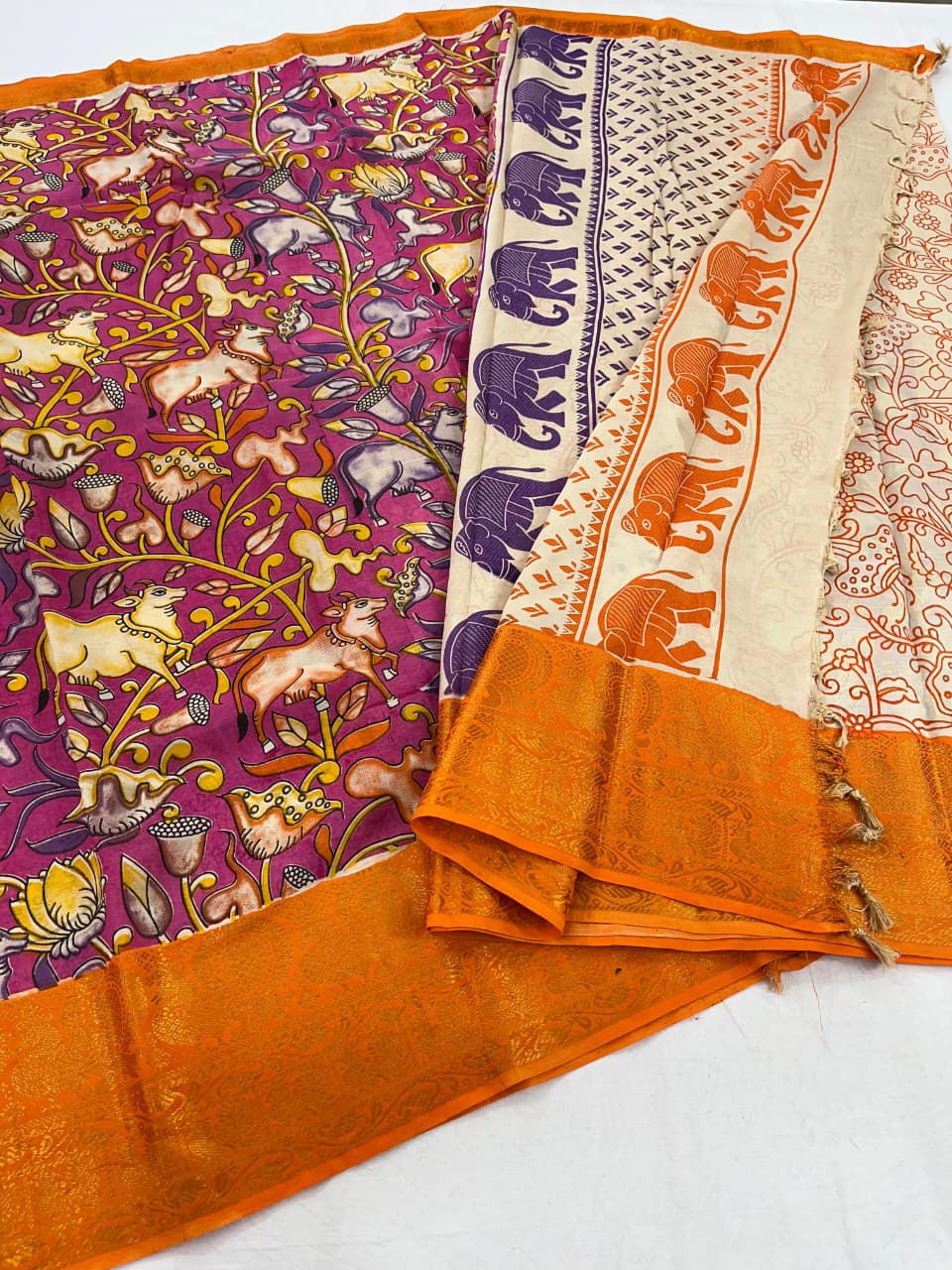 Mangalagiri Pattu Big Kanchi Border Kalamkari Printing Sarees
