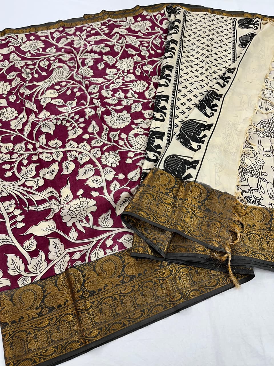 Mangalagiri Pattu Big Kanchi Border Kalamkari Printing Sarees