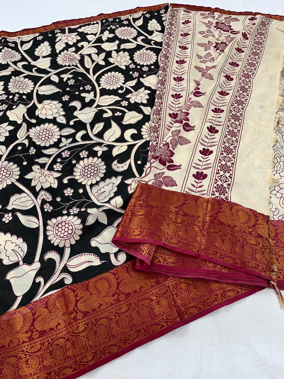 Mangalagiri Pattu Big Kanchi Border Kalamkari Printing Sarees