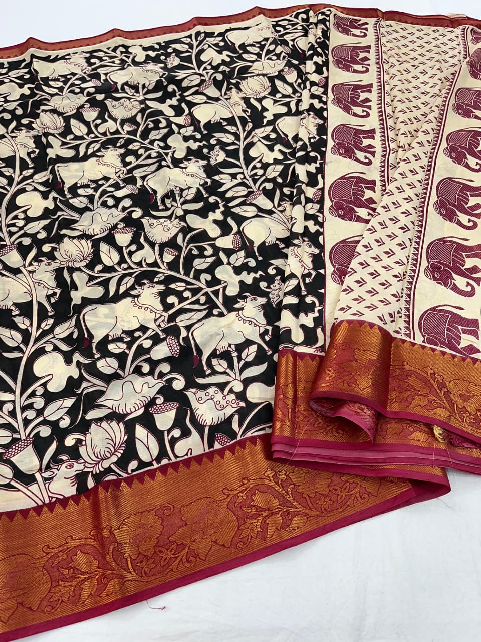 Mangalagiri Pattu Big Kanchi Border Kalamkari Printing Sarees