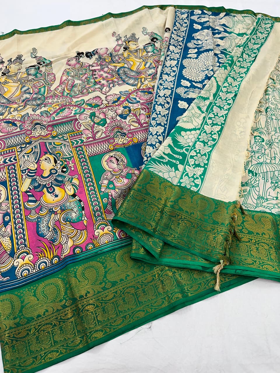 Mangalagiri Pattu Big Kanchi Border Kalamkari Printing Sarees