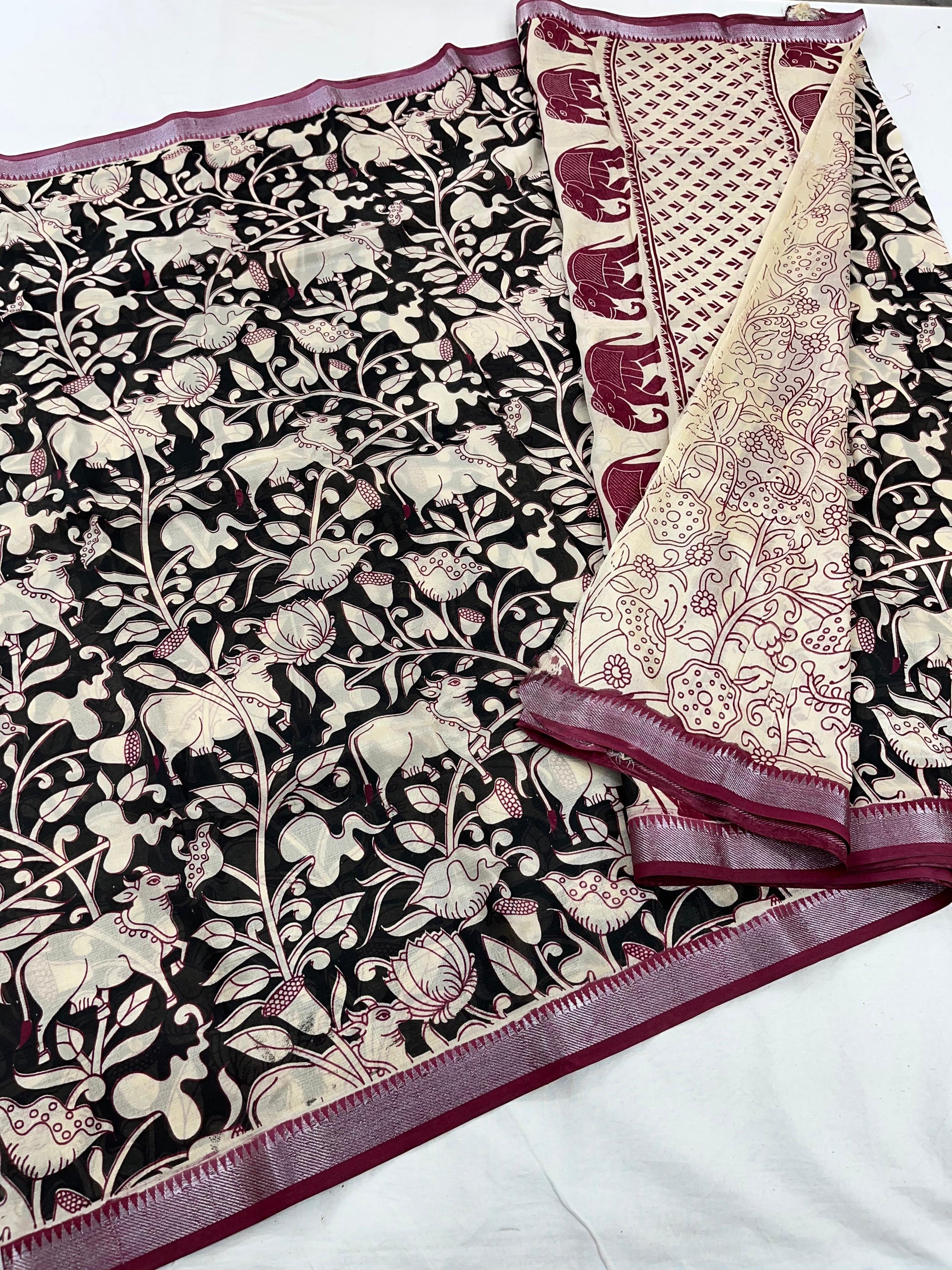 Mangalagiri Pattu Nizam Border Kalamkari Printing Sarees