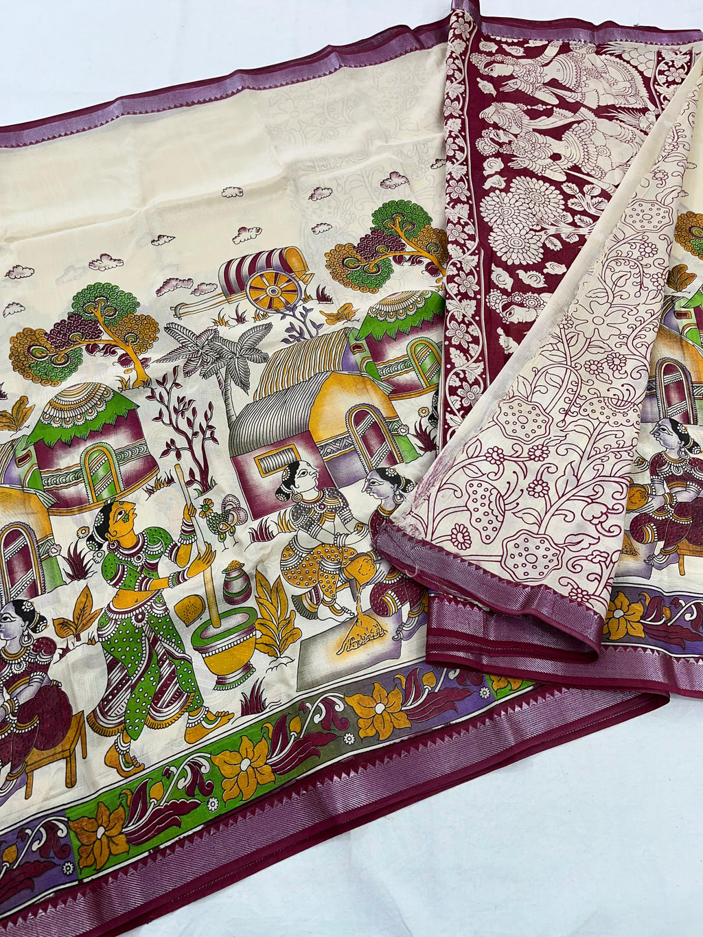 Mangalagiri Pattu Nizam Border Kalamkari Printing Sarees