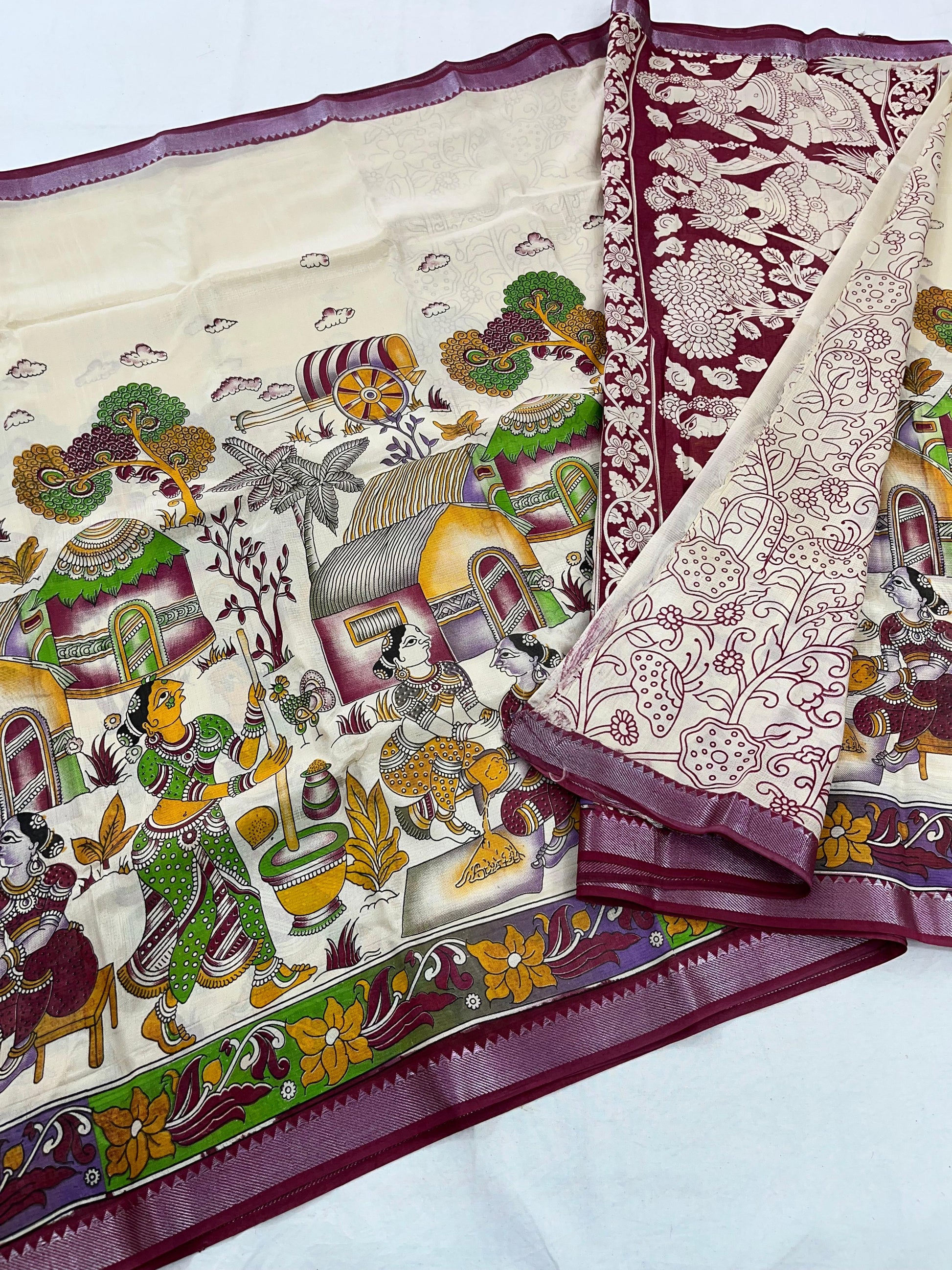 Mangalagiri Pattu Nizam Border Kalamkari Printing Sarees