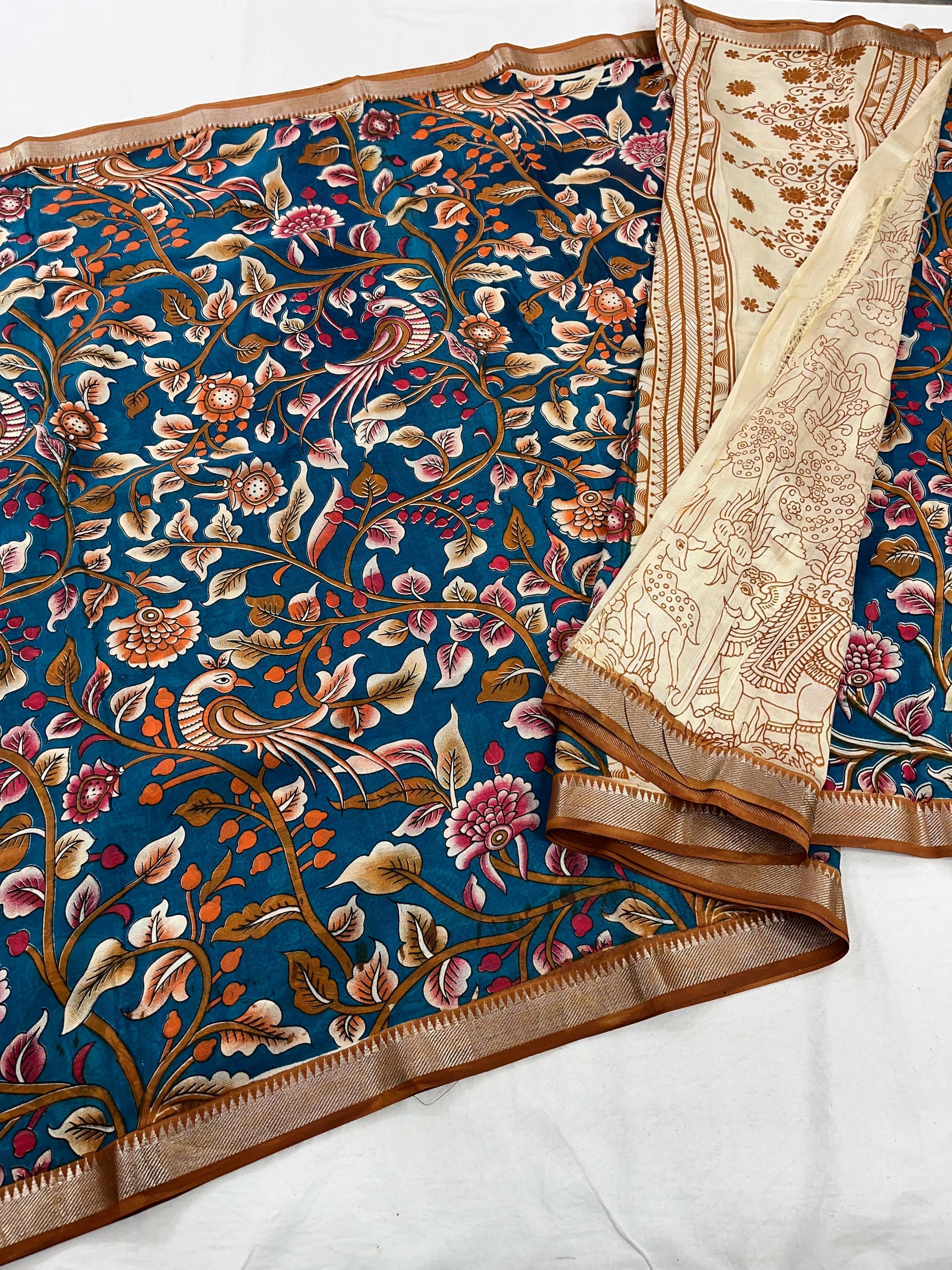 Mangalagiri Pattu Nizam Border Kalamkari Printing Sarees