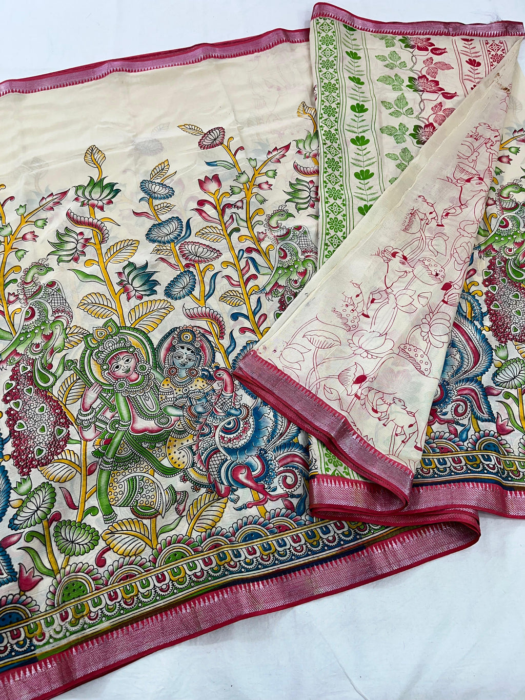 Mangalagiri Pattu Nizam Border Kalamkari Printing Sarees