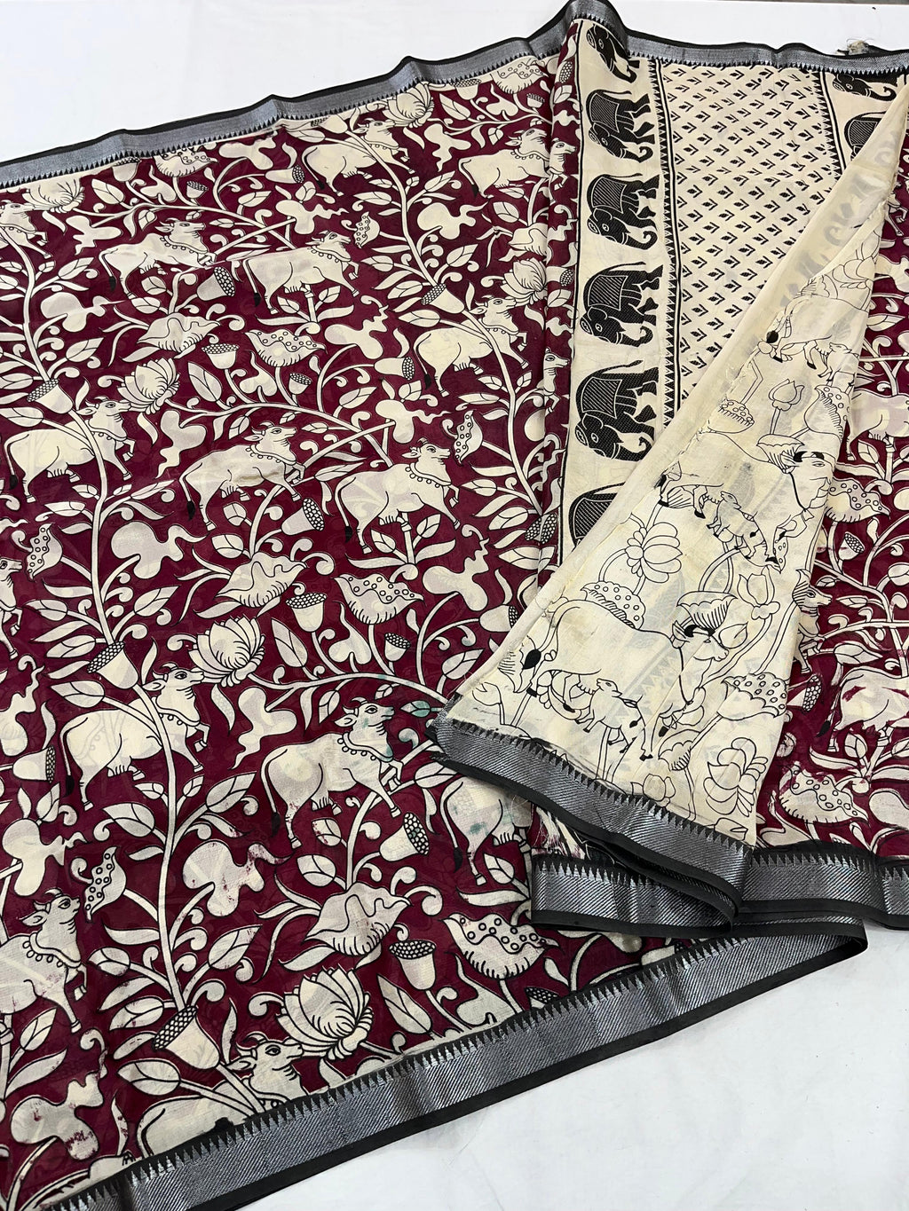 Mangalagiri Pattu Nizam Border Kalamkari Printing Sarees