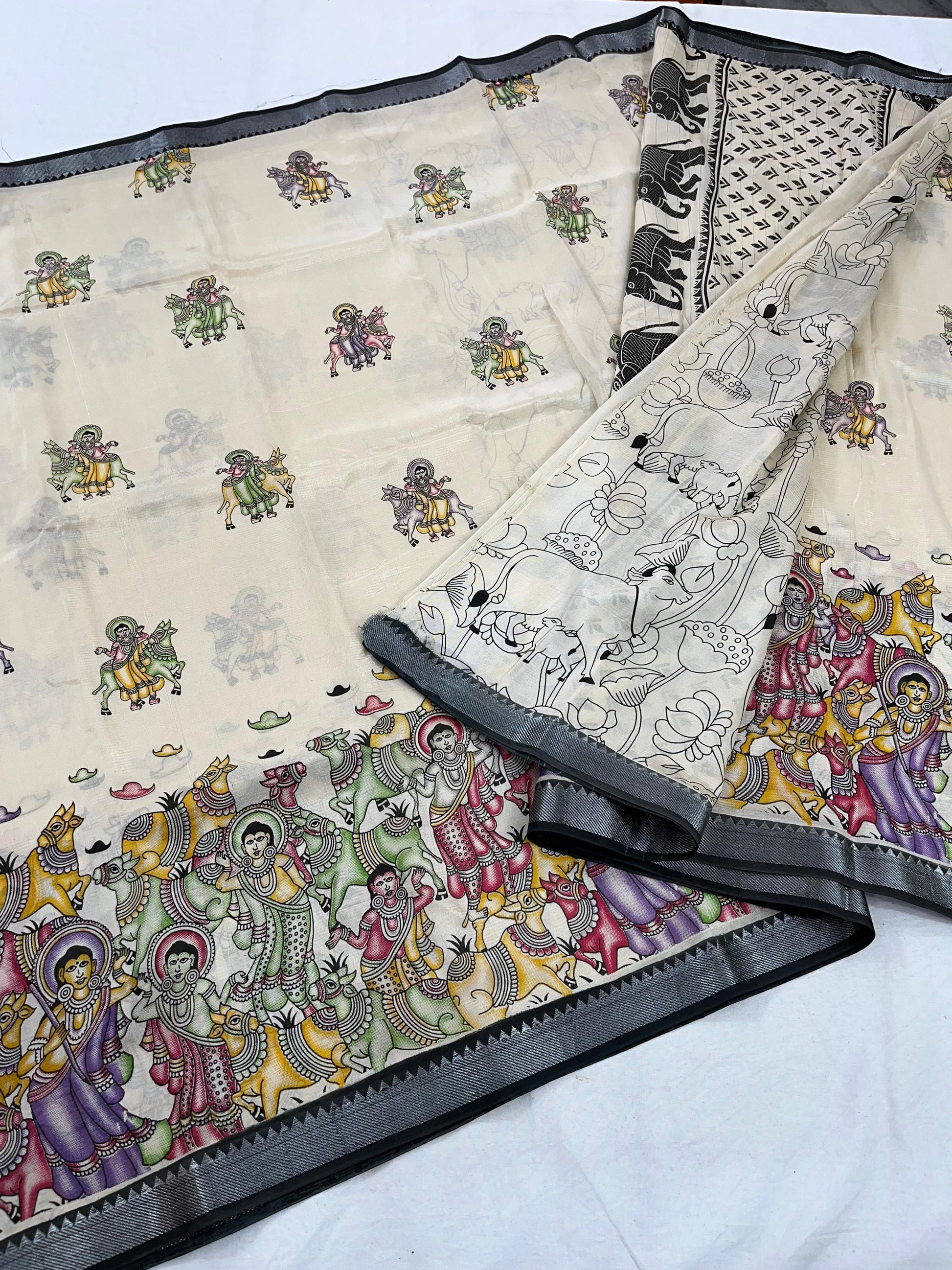 Mangalagiri Pattu Nizam Border Kalamkari Printing Sarees