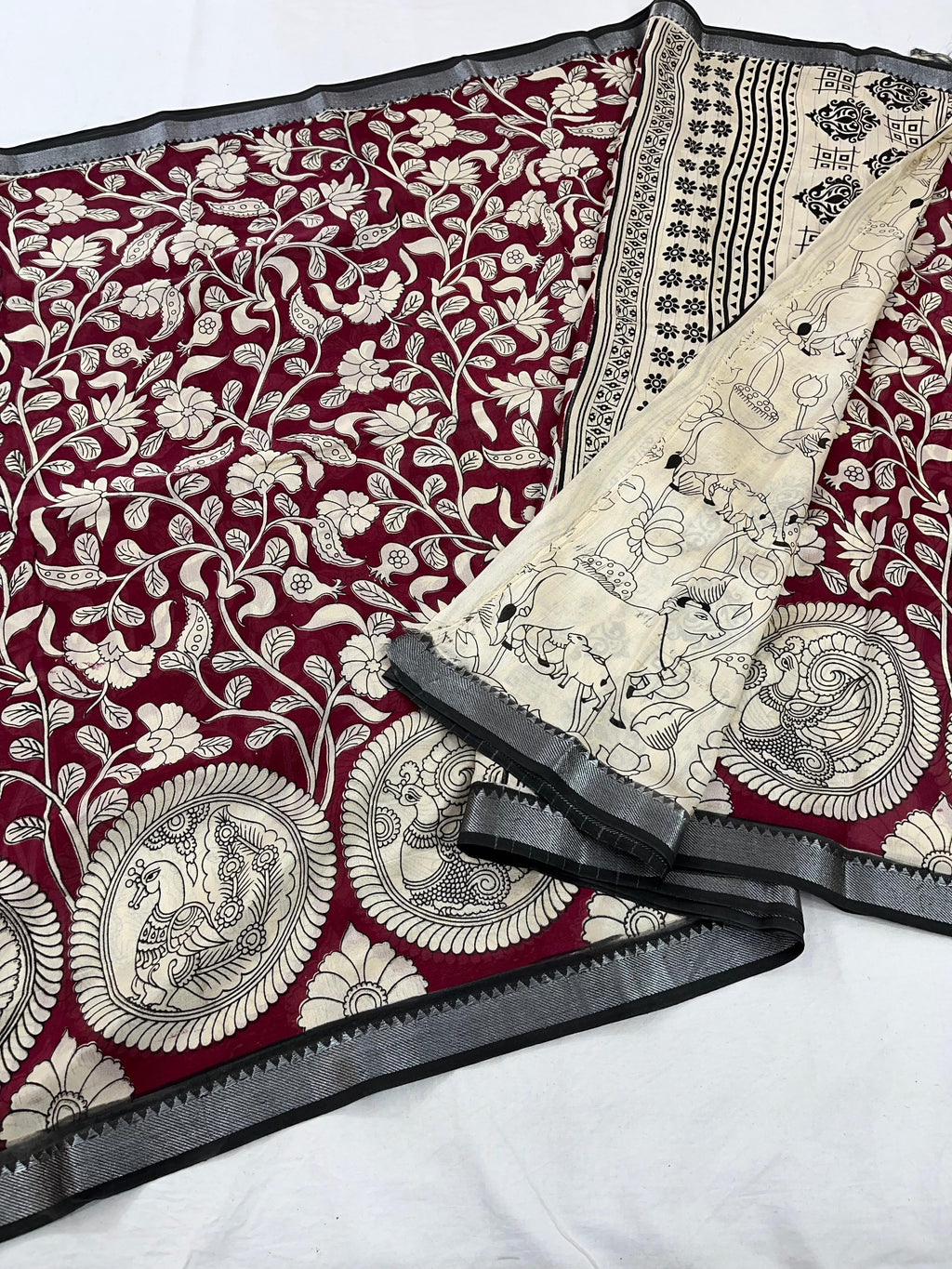 Mangalagiri Pattu Nizam Border Kalamkari Printing Sarees