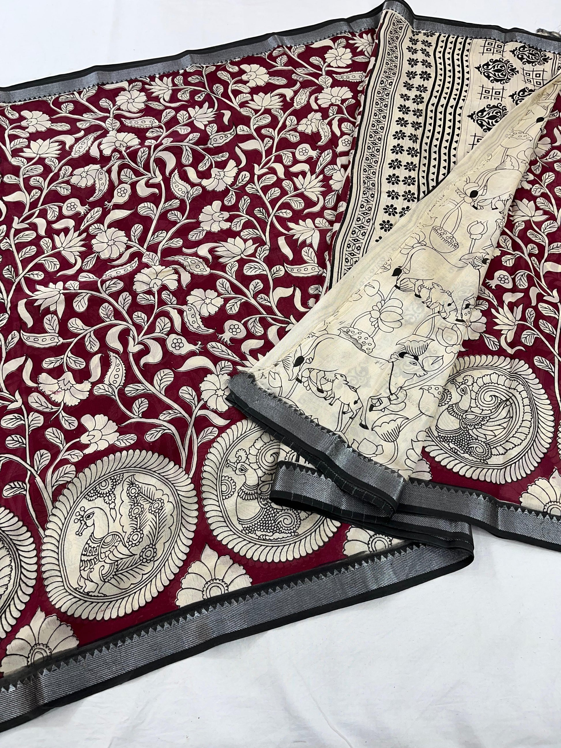 Mangalagiri Pattu Nizam Border Kalamkari Printing Sarees
