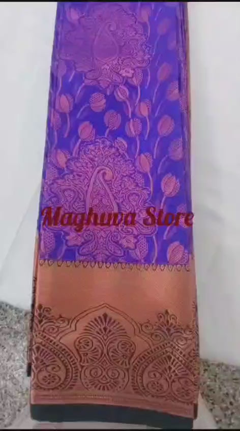 Soft silk saree with copper zari border and zari floral design